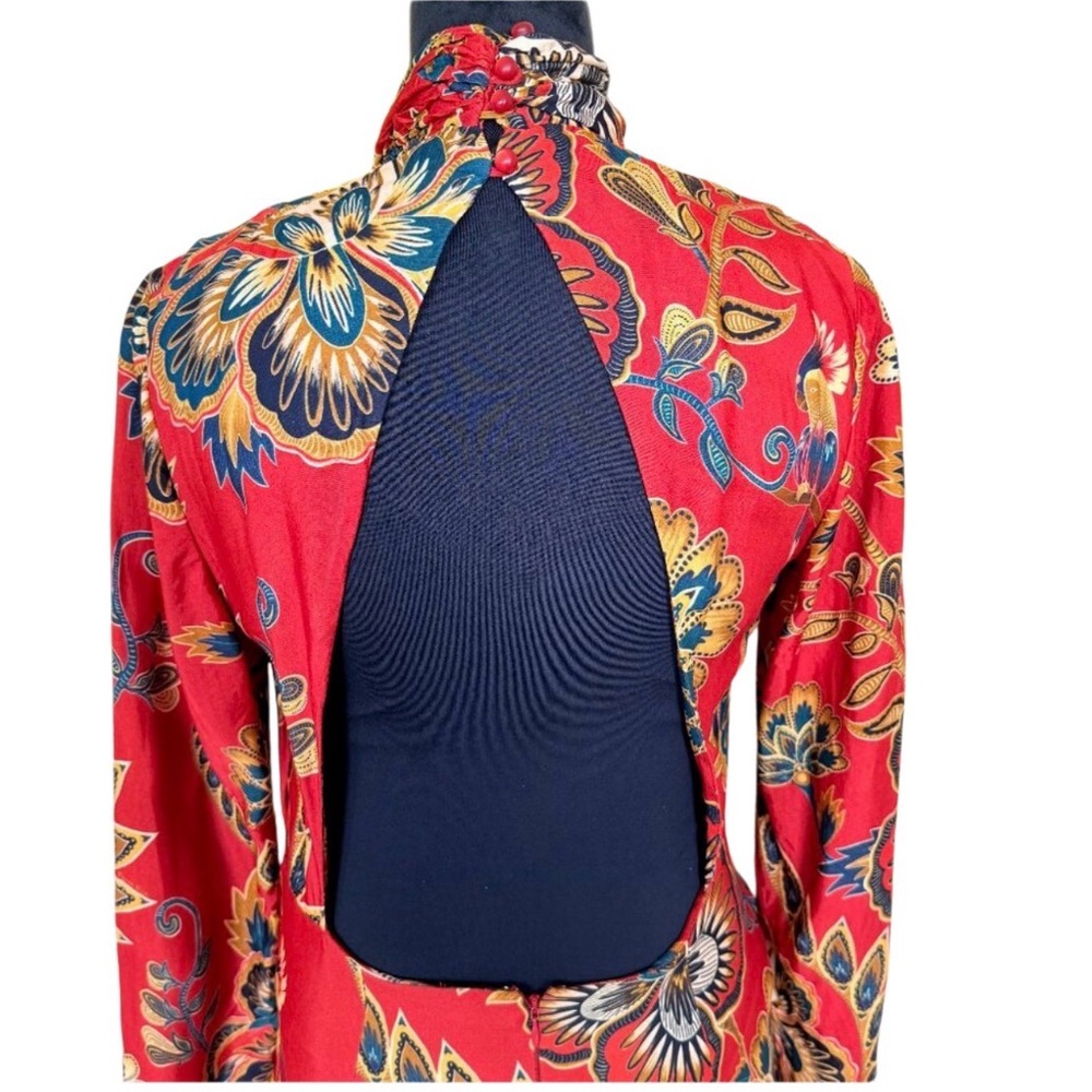 FARM Rio Red Blue Parrot Floral Cutout Midi Dress Long Sleeve Size M - Picture 4 of 16
